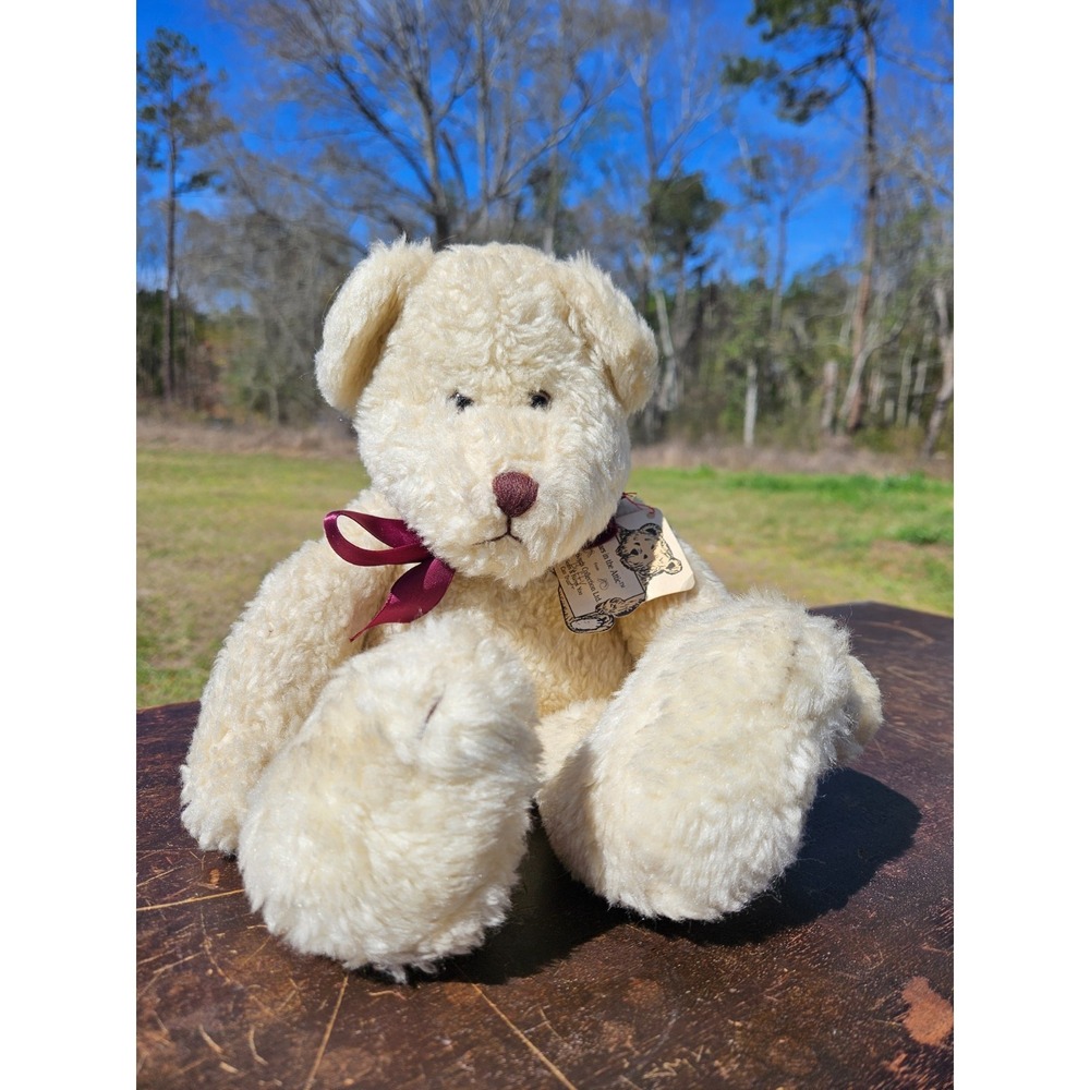 Boyds Bears Born in the Attic Cream Plush Teddy Bear Burgundy Ribbon NWT